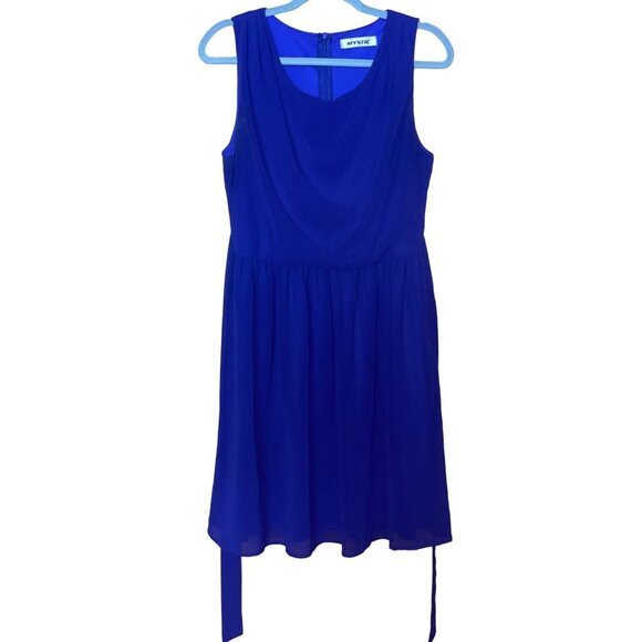 Modcloth Mystic Sleeveless Blue Polyester Dress Pleated Front Design & Waist Tie - Picture 1 of 9